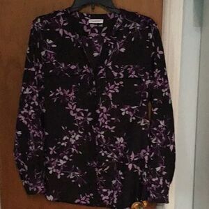 Calvin Klein Black and Purple Mandarin Collar Blouse
